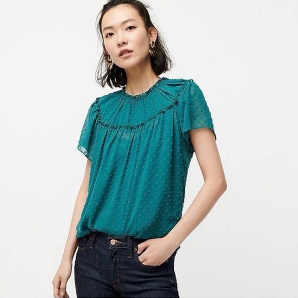 J Crew Gathered Bib Top in Drapey Swiss Dot Spicy Jade Green Size Medium